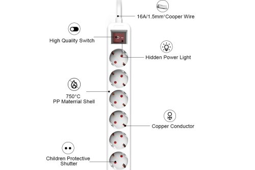 Monipistorasia, 6-tie, kytkimellä, GS, CE, valkoinen, kaapelin pituus 1,30 m.